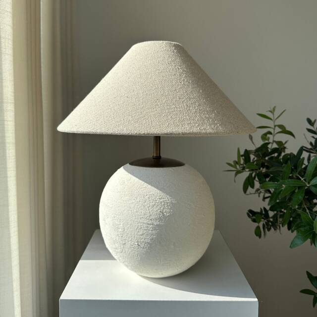 White Textured Unglazed Ceramic Table Lamp & Linen Shade Wabi Sabi Boho Decor - image 1