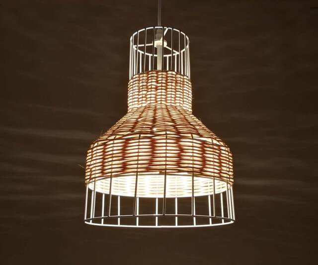 "Handwoven Pendant Light, Horn-Shaped Rattan & Metallic Frame Lighting Fixture, Lampshade W10.2"" X H14" - image 1