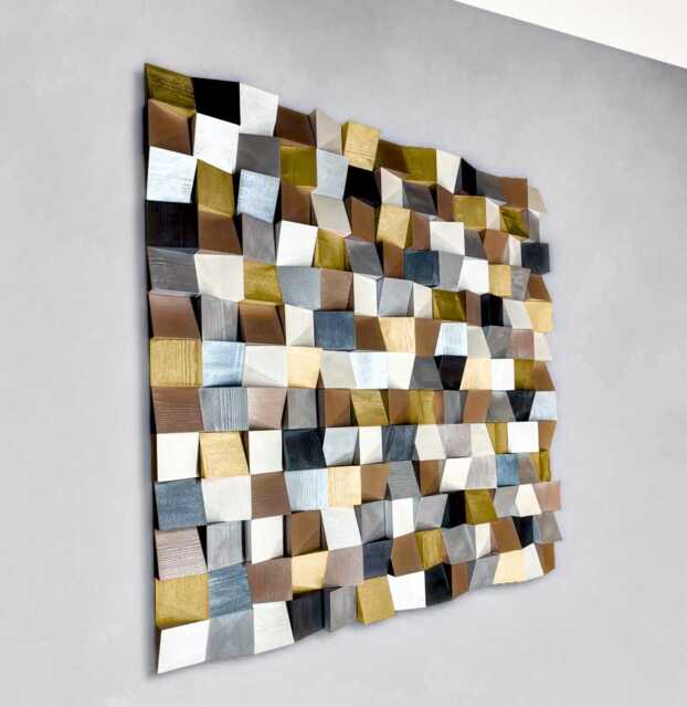 Metallic Mosaic Wood Wall Art Neutral Geometric Sculpture - image 1