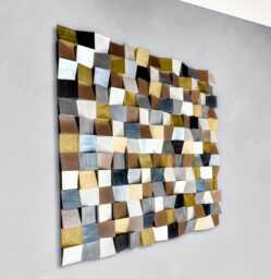 Metallic Mosaic Wood Wall Art Neutral Geometric Sculpture - thumbnail 1