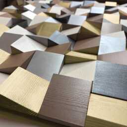 Metallic Mosaic Wood Wall Art Neutral Geometric Sculpture - thumbnail 3