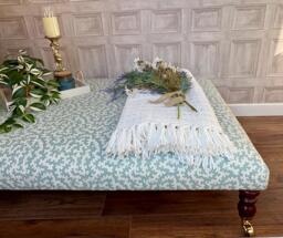 Large Upholstered Footstool in Blue & White Fabric Coffee Table Patterned Large Footstool. Blue Clay Ottoman On Castor Legs