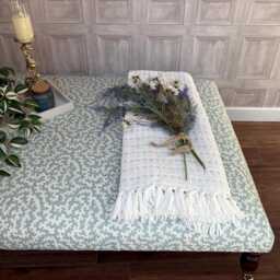Large Upholstered Footstool in Blue & White Fabric Coffee Table Patterned Large Footstool. Blue Clay Ottoman On Castor Legs - thumbnail 3