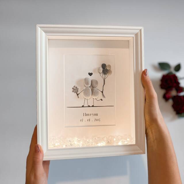 Personalised Pebble Art Couple Frame, Unique Anniversary Gift - image 1