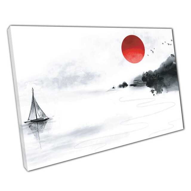 Black & White Red Seascape Canvas Art Print With Sailboat Moon - Oriental Style Decor - image 1