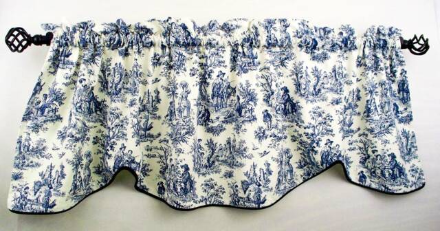 Navy Blue Toile Valance Curtain, Waverly French Country Scallop - image 1