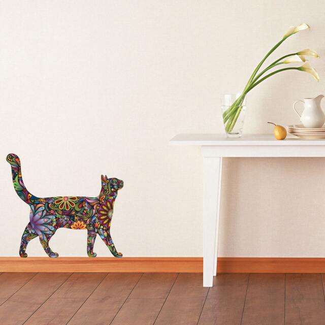 Walking Cat Wall Sticker - Repositionable Floral Decal - image 1