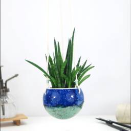 Handmade Turquoise Ceramic Hanging Planter Boho Home Decor - thumbnail 4