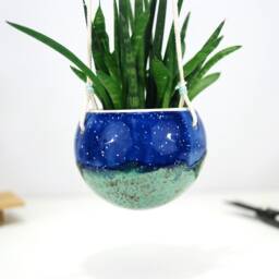 Handmade Turquoise Ceramic Hanging Planter Boho Home Decor - thumbnail 3