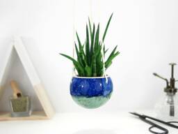 Handmade Turquoise Ceramic Hanging Planter Boho Home Decor - thumbnail 1