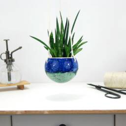 Handmade Turquoise Ceramic Hanging Planter Boho Home Decor - thumbnail 2