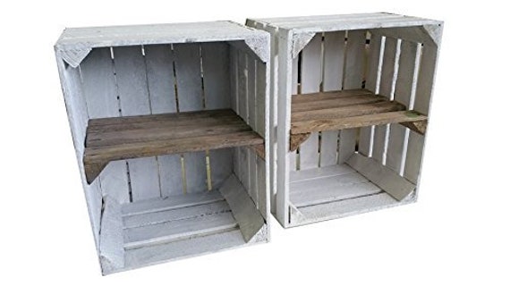 1 X White Painted Crate With Short Burnt Wood Shelf - Wooden Apple Crates, Ideal Storage Boxes Box Display Crate Bookshelf Dresser - image 1
