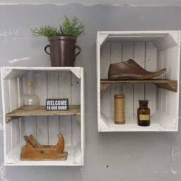 1 X White Painted Crate With Short Burnt Wood Shelf - Wooden Apple Crates, Ideal Storage Boxes Box Display Crate Bookshelf Dresser - thumbnail 3