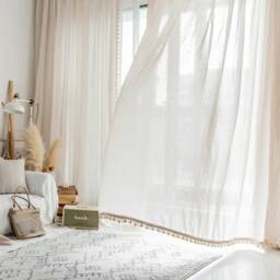 A Pair Of Linen/Cotton Blend Sheer Curtains With Bead Trim On Leading Edge & Bottom, Living Room Curtains, Caf?? Curtains, Privacy Curtains - thumbnail 4