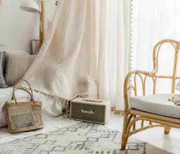 A Pair Of Linen/Cotton Blend Sheer Curtains With Bead Trim On Leading Edge & Bottom, Living Room Curtains, Caf?? Curtains, Privacy Curtains