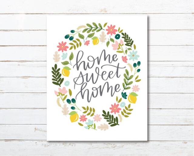 Home Sweet Floral Print, Hand Lettered Wall Art - Digital Download