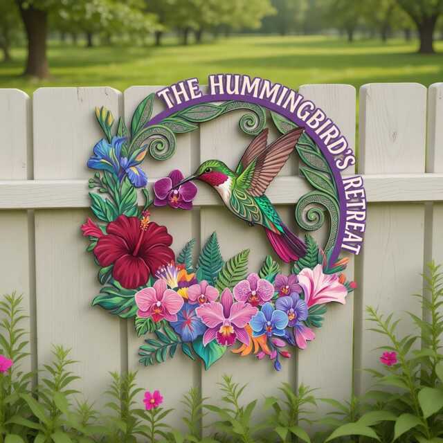 Personalized Hummingbird Garden Sign, Floral Metal Wall Art, Colorful Decor - image 1