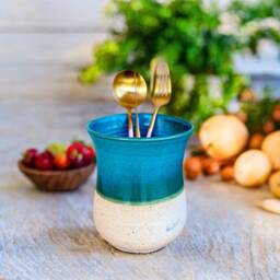 Handmade Turquoise Ceramic Utensil Caddy With Drainage Bathroom Toothbrush Holder - thumbnail 4