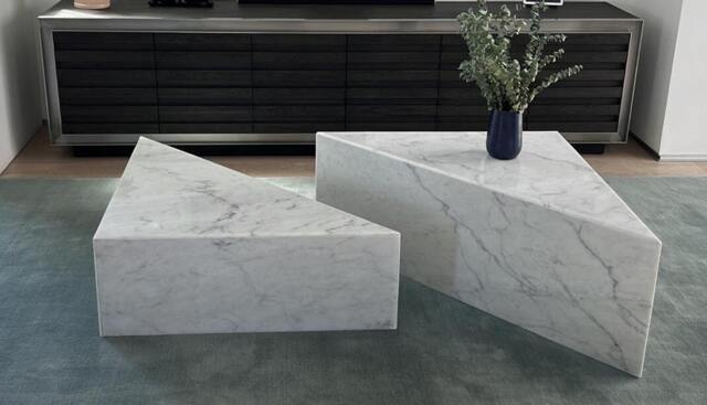 Medium Triangle Block Marble Coffee Table - Set Of 2 Calacatta Gold, Viola Size - 31x31x15 & 31x31x12 - Customizable - image 1