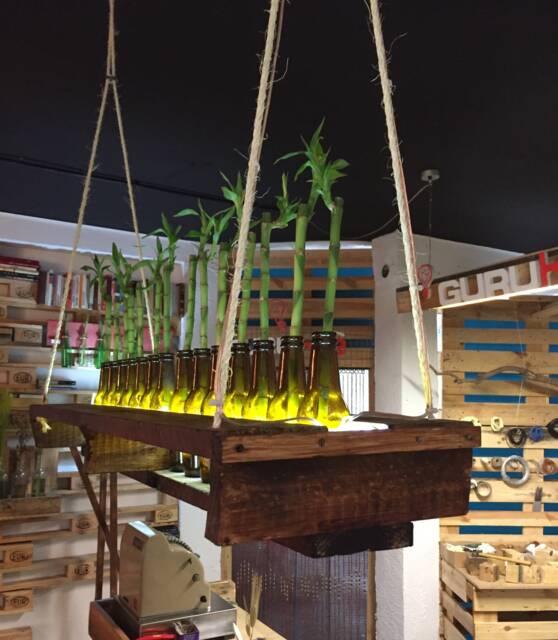 Lamp With Personality, Recycled Ceiling Lamp, Ideal For Kitchen Or Restaurant, Lampa, Upcycled Glass Bottles & Bambu - image 1