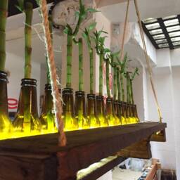 Lamp With Personality, Recycled Ceiling Lamp, Ideal For Kitchen Or Restaurant, Lampa, Upcycled Glass Bottles & Bambu - thumbnail 3