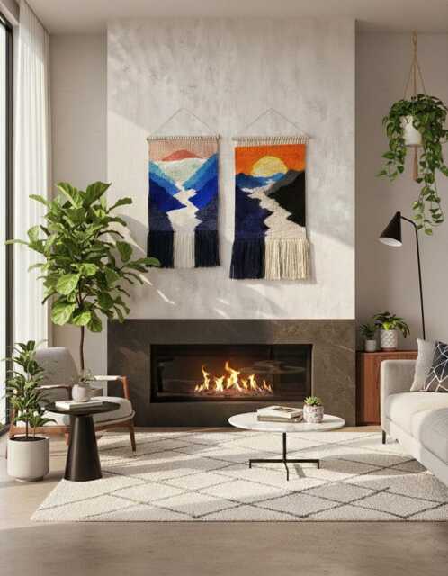 Woven Wall Hanging - Handmade Tapestry Wall Decor Weaving Landscape Art Macrame Woven Textile Art Mountain - image 1