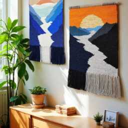 Woven Wall Hanging - Handmade Tapestry Wall Decor Weaving Landscape Art Macrame Woven Textile Art Mountain - thumbnail 2