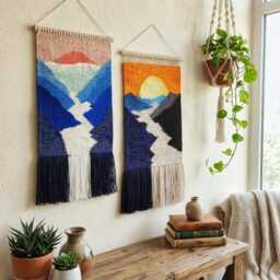 Woven Wall Hanging - Handmade Tapestry Wall Decor Weaving Landscape Art Macrame Woven Textile Art Mountain - thumbnail 4