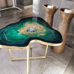 Emerald Green Geode Coffee Table Handmade Resin Epoxy With Gold Legs - thumbnail 2