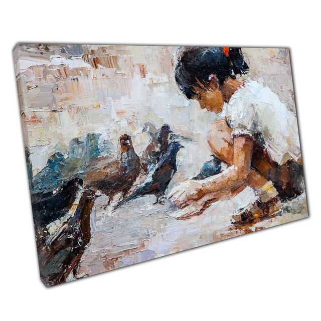 Kind Girl Feeding Pigeons Canvas Wall Art Print Home Office Decor - image 1