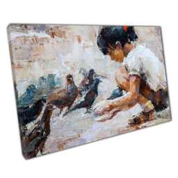 Kind Girl Feeding Pigeons Canvas Wall Art Print Home Office Decor - thumbnail 1