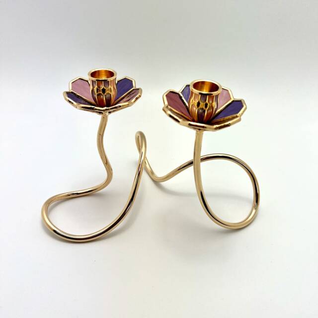 Art Nouveau Stained Glass Shabbat Candlestick Holder Gold Plated Brass - image 1