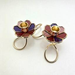 Art Nouveau Stained Glass Shabbat Candlestick Holder Gold Plated Brass - thumbnail 4