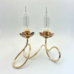 Art Nouveau Stained Glass Shabbat Candlestick Holder Gold Plated Brass - thumbnail 3