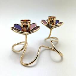 Art Nouveau Stained Glass Shabbat Candlestick Holder Gold Plated Brass - thumbnail 2