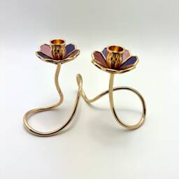 Art Nouveau Stained Glass Shabbat Candlestick Holder Gold Plated Brass - thumbnail 1