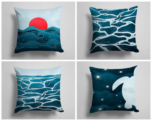 Sunbath Cushion Cover-Sea Waves Pillow Case-Modern Decorative Case-Turtle Cover-Gift For Her -Handmade Material - image 1