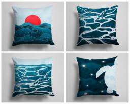 Sunbath Cushion Cover-Sea Waves Pillow Case-Modern Decorative Case-Turtle Cover-Gift For Her -Handmade Material - thumbnail 1