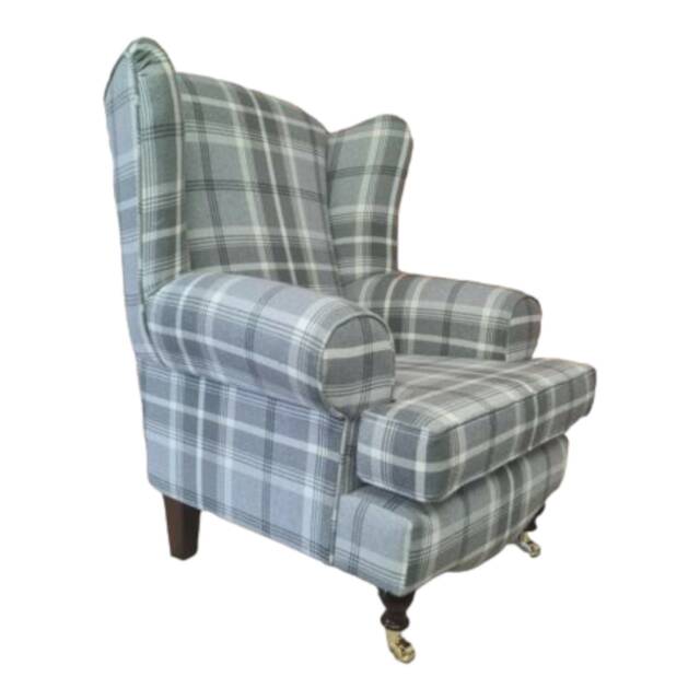 Queen Anne Wingback Chair Balmoral Dove Grey Plaid, Solid Wood Legs - image 1