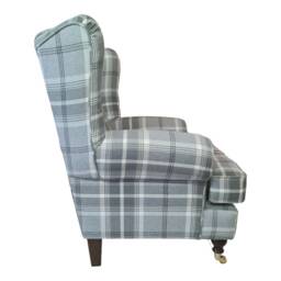 Queen Anne Wingback Chair Balmoral Dove Grey Plaid, Solid Wood Legs - thumbnail 3