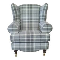 Queen Anne Wingback Chair Balmoral Dove Grey Plaid, Solid Wood Legs - thumbnail 2