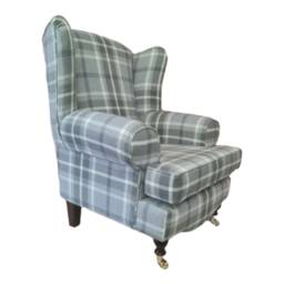 Queen Anne Wingback Chair Balmoral Dove Grey Plaid, Solid Wood Legs