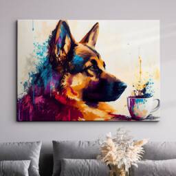 German Shepherd With Coffee Mug Dog Pet Abstract Modern Painting Wall Art, Framed Canvas Poster Print, Home Kitchen Office Room Decor, Gifts - thumbnail 1