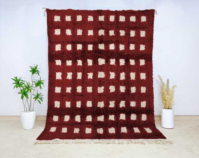 Authentic Berber Beni Ourain Burgundy Grid Wool Rug - Handmade Moroccan Area Carpet High Quality Check Pattern Plush Living Decor - image 1