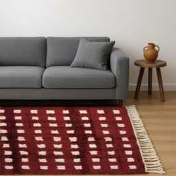 Authentic Berber Beni Ourain Burgundy Grid Wool Rug - Handmade Moroccan Area Carpet High Quality Check Pattern Plush Living Decor - thumbnail 2