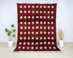 Authentic Berber Beni Ourain Burgundy Grid Wool Rug - Handmade Moroccan Area Carpet High Quality Check Pattern Plush Living Decor - thumbnail 1