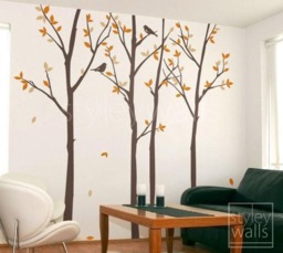 Forest Trees & Birds Wall Decal, Autumn Thin Birch Tress Decal Sticker For Home Decor - thumbnail 1
