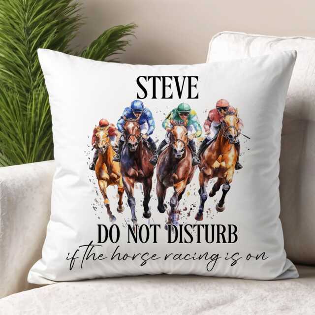 Horse Racing Cushion, Personalised Horse Gift, Gift For Him, Birthday Dad, Do Not Disturb Grandad - image 1