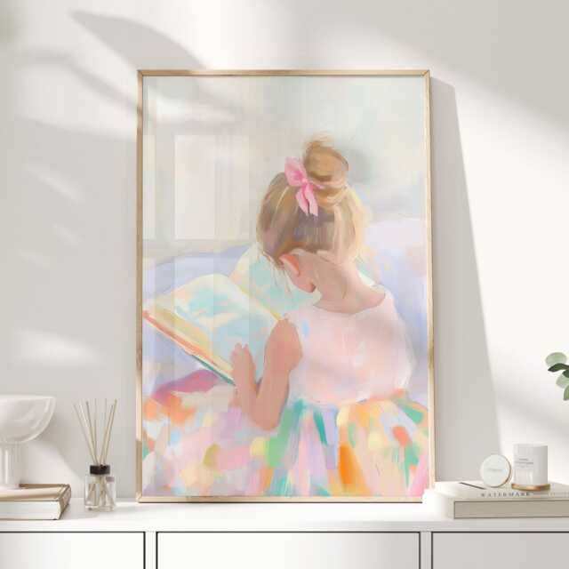 Little Girl Reading Art Print - Pastel Children's Wall Soft Impressionist Painting For Nursery Or Playroom - image 1