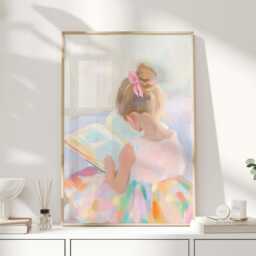 Little Girl Reading Art Print - Pastel Children's Wall Soft Impressionist Painting For Nursery Or Playroom - thumbnail 1